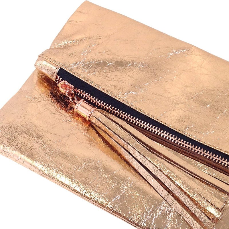 JNB Women's Cracked Metallic Fabric Foldover Clutch with Tassel - Image 4